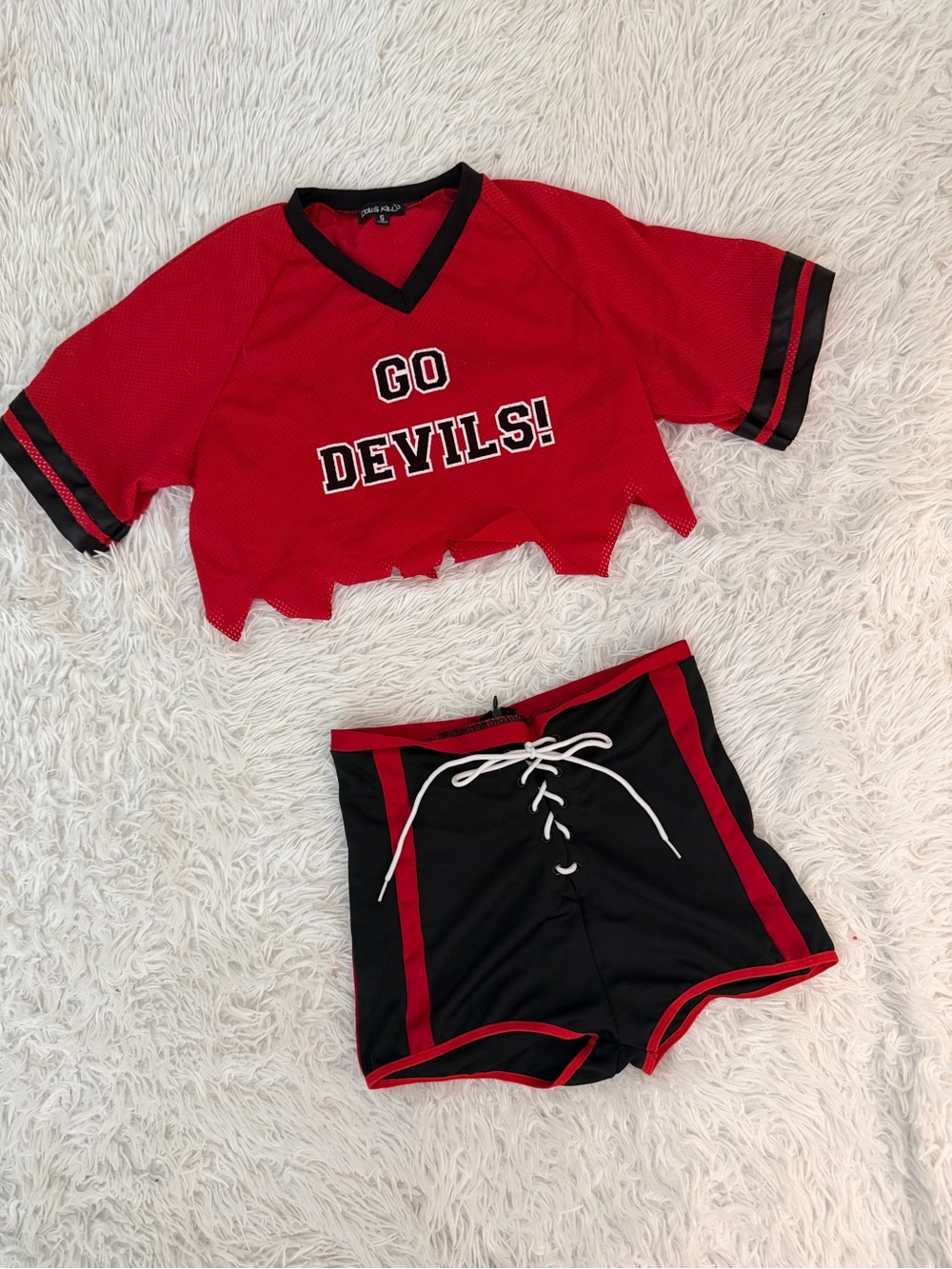 Dolls Kill Go Devils Red Black Mesh Crop Top & Lace Up Shorts Set S